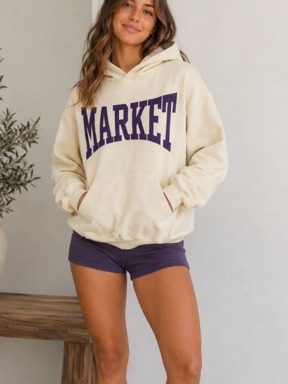 Market studios nwt unbleached cotton oversized Cream Hoodie with Purple logo med